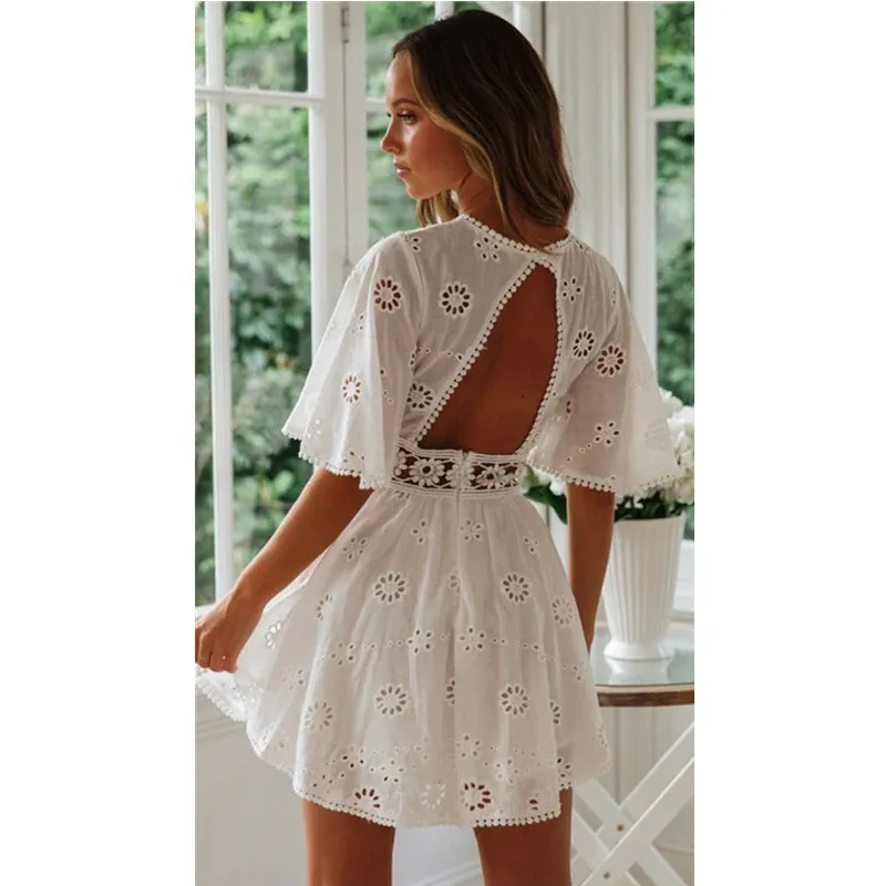 Elegant Cotton Embroidery Hollow Open Back Dress