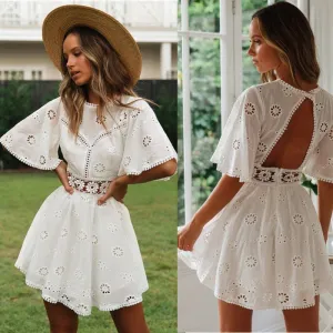 Elegant Cotton Embroidery Hollow Open Back Dress