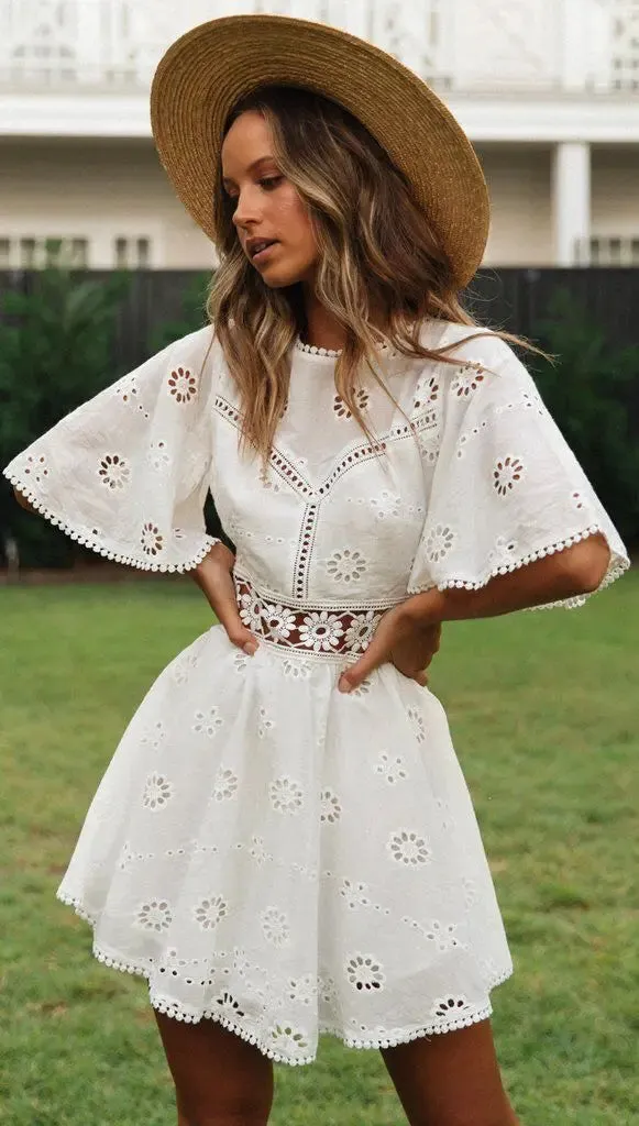 Elegant Cotton Embroidery Hollow Open Back Dress