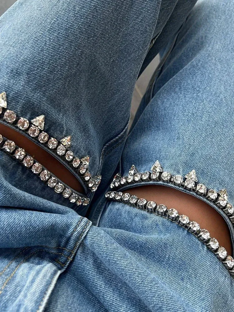 Embroidered  Flare Jeans For Women High Waist Patchwork Button Hollow Out Distressed Wide Leg Denim Jeans
