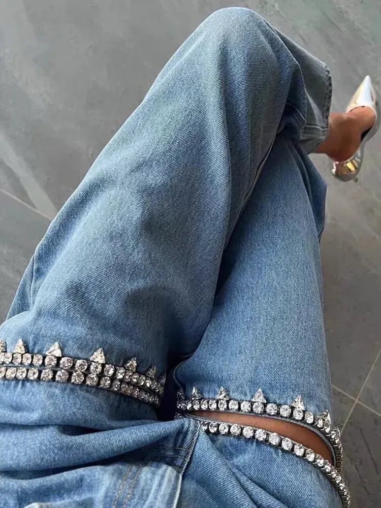 Embroidered  Flare Jeans For Women High Waist Patchwork Button Hollow Out Distressed Wide Leg Denim Jeans