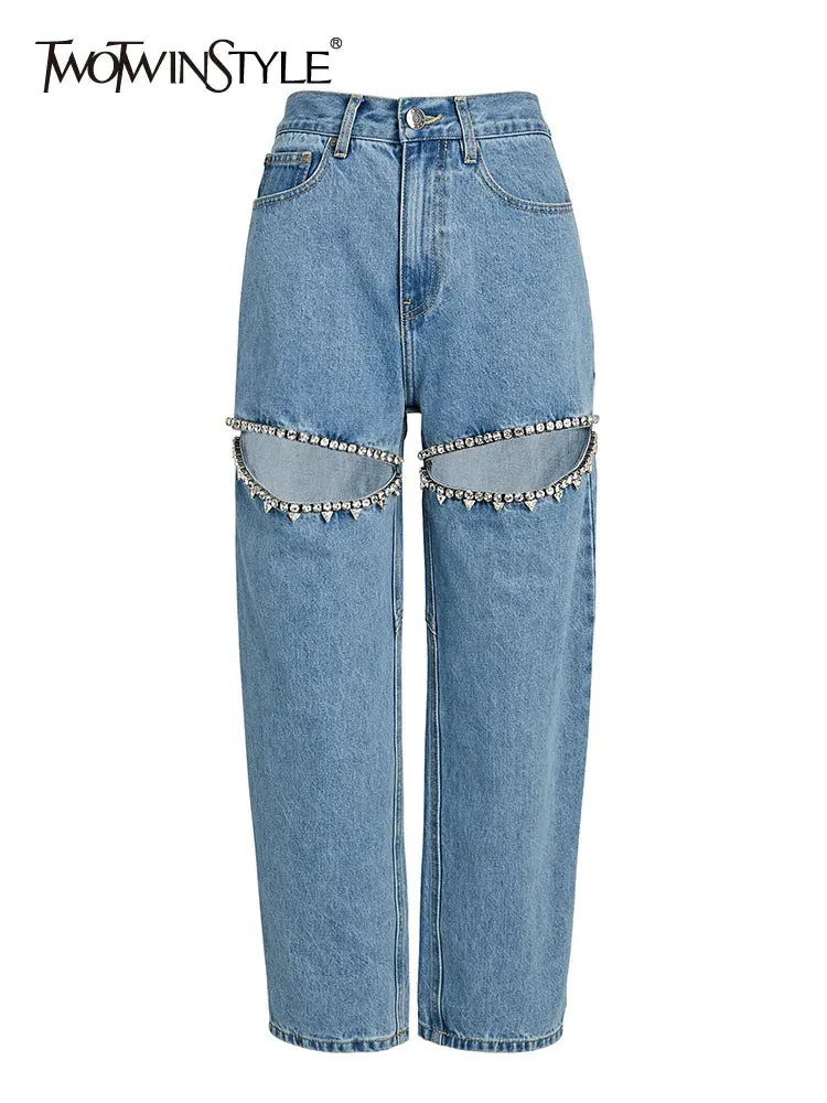 Embroidered  Flare Jeans For Women High Waist Patchwork Button Hollow Out Distressed Wide Leg Denim Jeans