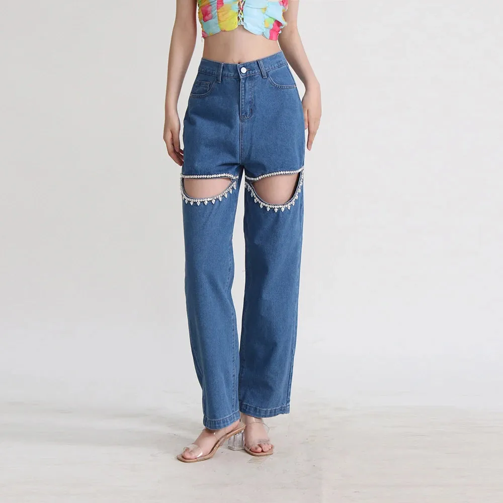 Embroidered  Flare Jeans For Women High Waist Patchwork Button Hollow Out Distressed Wide Leg Denim Jeans