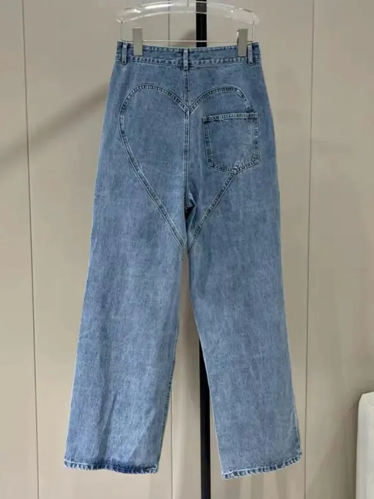 Embroidered  Flare Jeans For Women High Waist Patchwork Button Hollow Out Distressed Wide Leg Denim Jeans