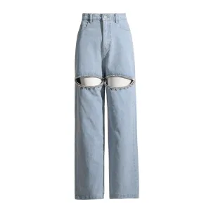 Embroidered  Flare Jeans For Women High Waist Patchwork Button Hollow Out Distressed Wide Leg Denim Jeans