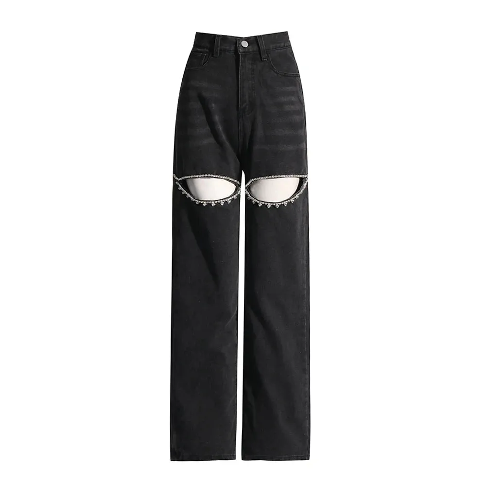 Embroidered  Flare Jeans For Women High Waist Patchwork Button Hollow Out Distressed Wide Leg Denim Jeans