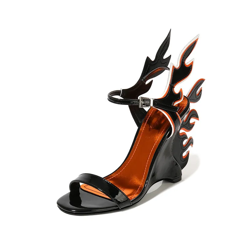 Female Summer High Heel Wedges with Large Size White Women's Shoes with Flame Sandals