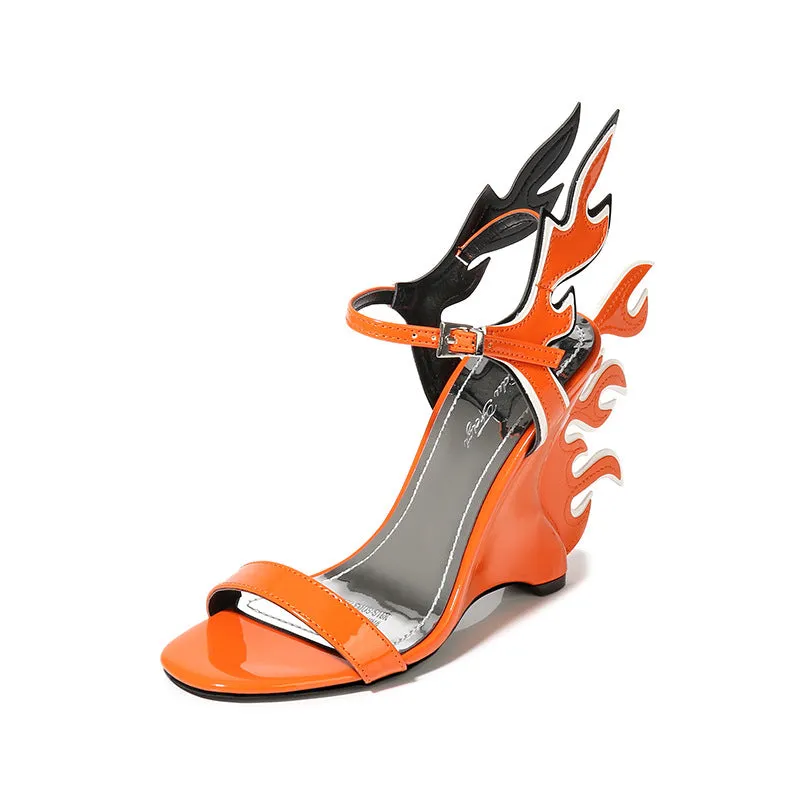 Female Summer High Heel Wedges with Large Size White Women's Shoes with Flame Sandals