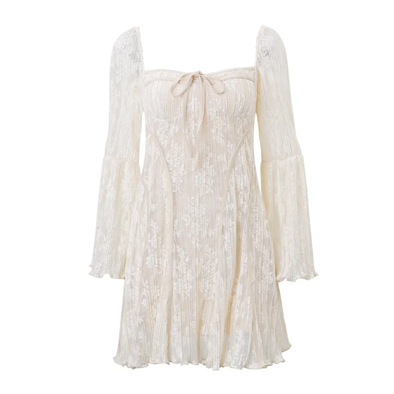 Foreign Trade European and American Women's Clothing2023New Ballet Style Sexy Pure Desire Lace-Wrapped Chest Lace Printed Long-Sleeved Dress