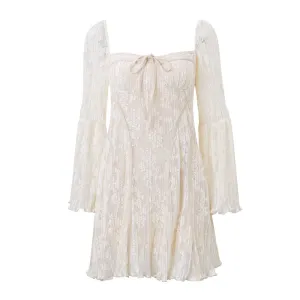 Foreign Trade European and American Women's Clothing2023New Ballet Style Sexy Pure Desire Lace-Wrapped Chest Lace Printed Long-Sleeved Dress