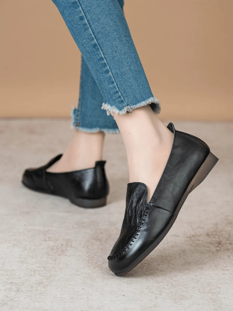 Geometry Stitching Upper Leather Loafer - Black
