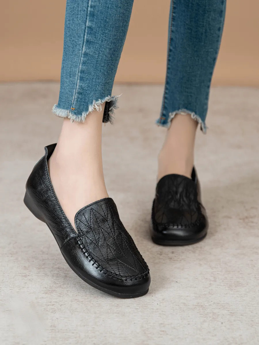 Geometry Stitching Upper Leather Loafer - Black