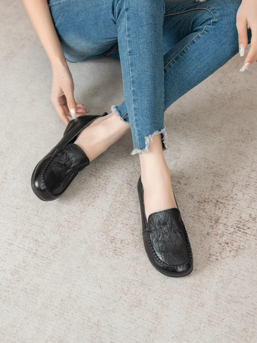 Geometry Stitching Upper Leather Loafer - Black