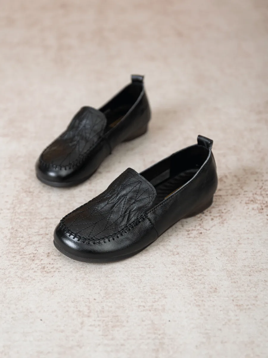 Geometry Stitching Upper Leather Loafer - Black