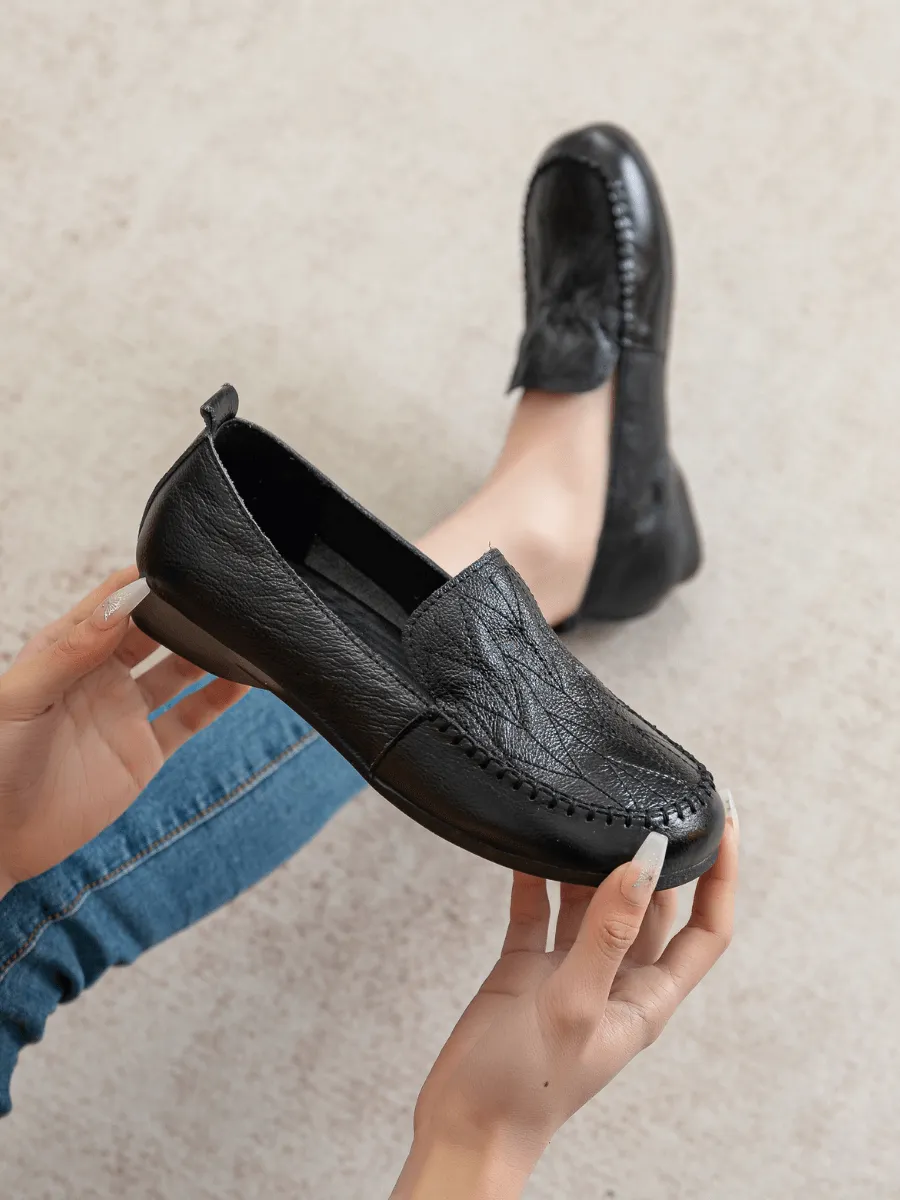 Geometry Stitching Upper Leather Loafer - Black