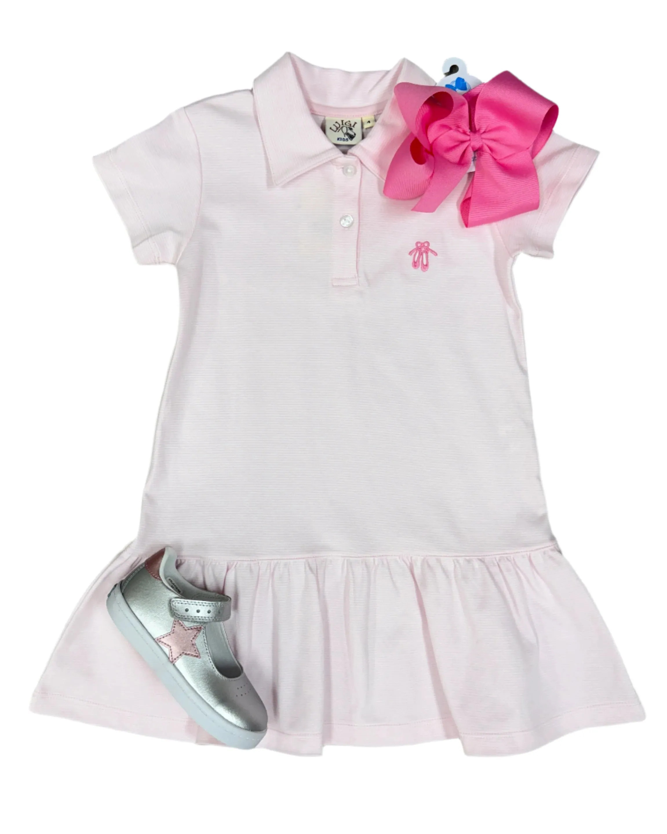 Girls Polo Dress - Pink Stripes w/ Ballet Shoe