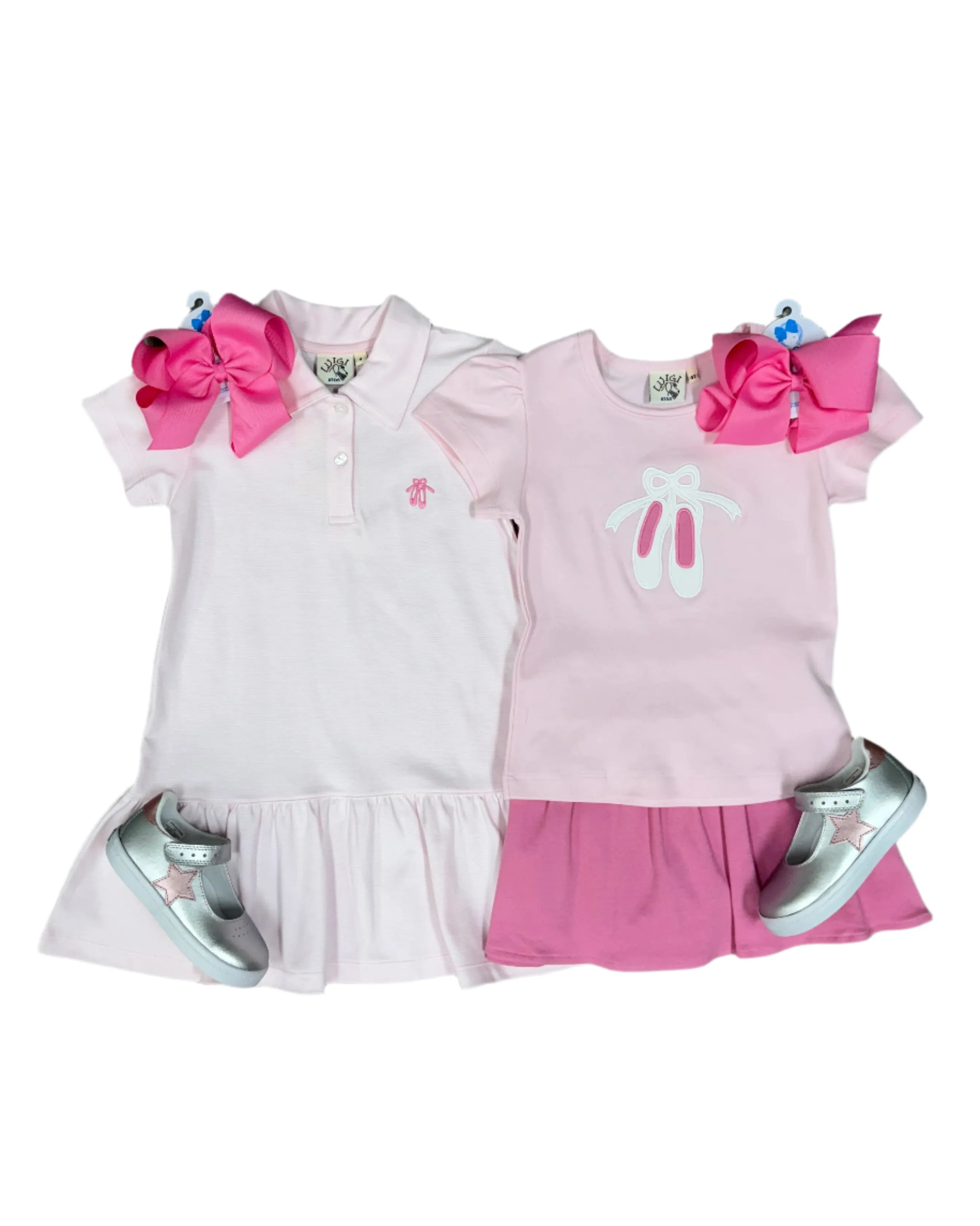 Girls Polo Dress - Pink Stripes w/ Ballet Shoe