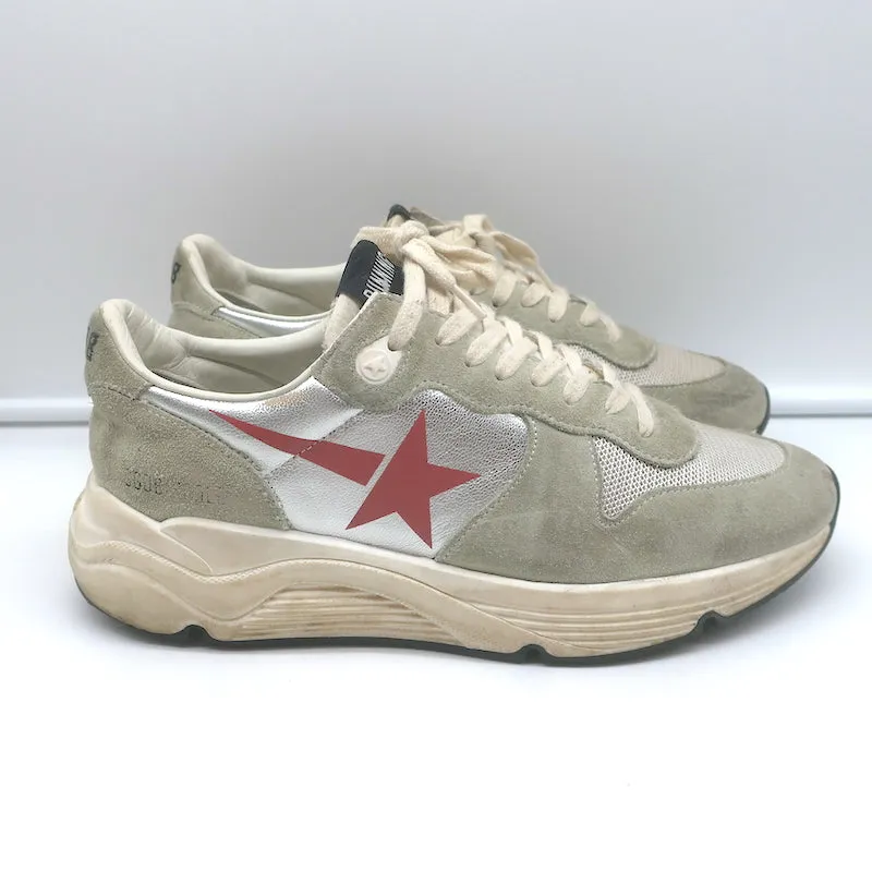 Golden Goose Running Sole Sneakers Silver Leather & Gray Suede Size 38