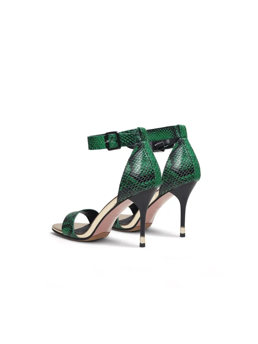 Green Snake Print Leather Ankle Strap Sandal