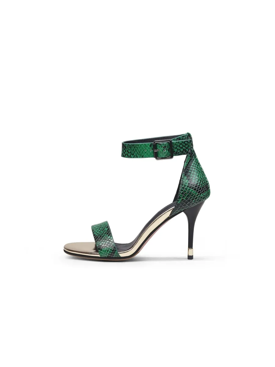 Green Snake Print Leather Ankle Strap Sandal