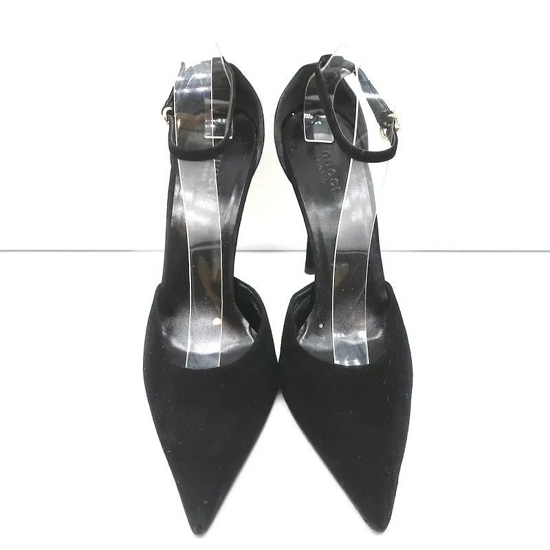 Gucci Crystal Bamboo Ankle Strap Pumps Black Suede Size 9.5 Pointed Toe Heel NEW