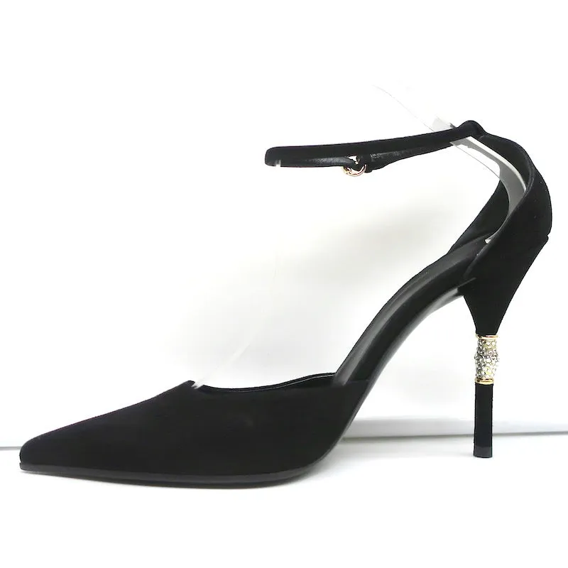 Gucci Crystal Bamboo Ankle Strap Pumps Black Suede Size 9.5 Pointed Toe Heel NEW