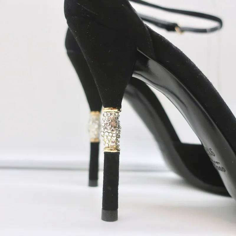 Gucci Crystal Bamboo Ankle Strap Pumps Black Suede Size 9.5 Pointed Toe Heel NEW