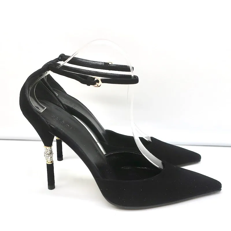 Gucci Crystal Bamboo Ankle Strap Pumps Black Suede Size 9.5 Pointed Toe Heel NEW