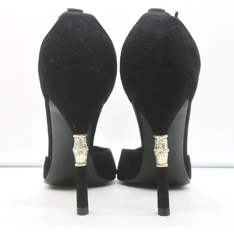 Gucci Crystal Bamboo Ankle Strap Pumps Black Suede Size 9.5 Pointed Toe Heel NEW