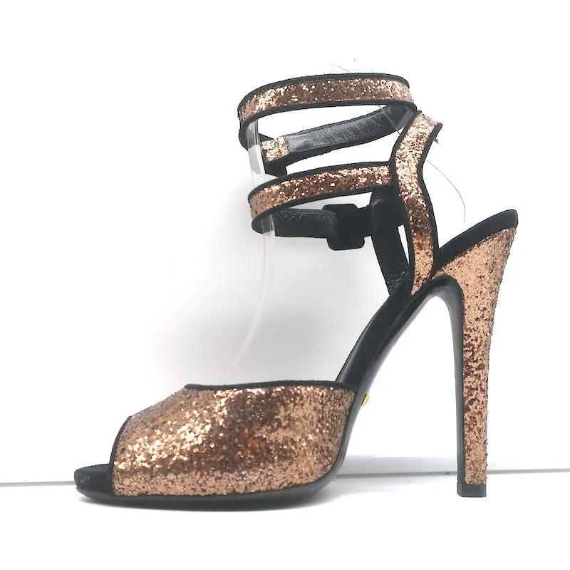 Gucci Glitter Double Ankle Strap Sandals Bronze Size 38.5 Peep Toe Heels