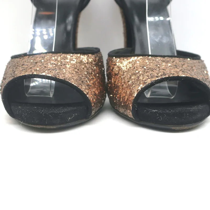Gucci Glitter Double Ankle Strap Sandals Bronze Size 38.5 Peep Toe Heels
