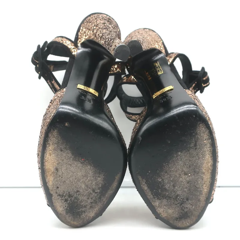 Gucci Glitter Double Ankle Strap Sandals Bronze Size 38.5 Peep Toe Heels