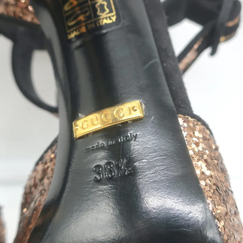 Gucci Glitter Double Ankle Strap Sandals Bronze Size 38.5 Peep Toe Heels