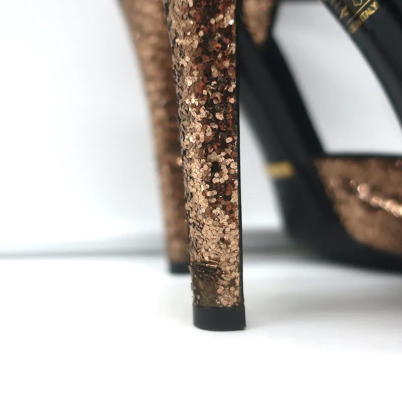 Gucci Glitter Double Ankle Strap Sandals Bronze Size 38.5 Peep Toe Heels