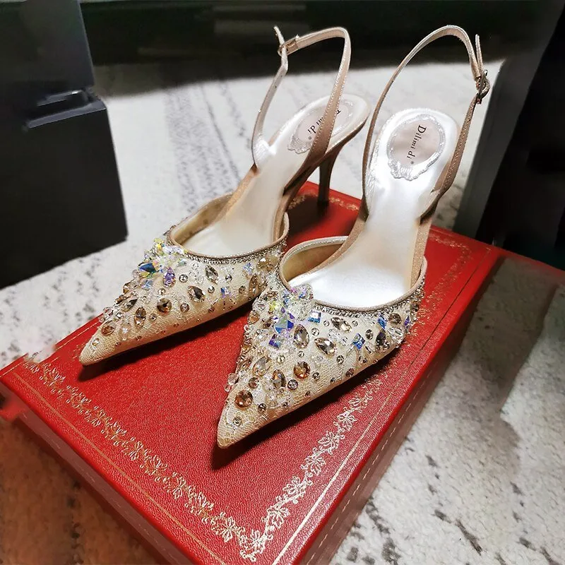 High-heeled mesh bridesmaid pointed toe wedding shoes