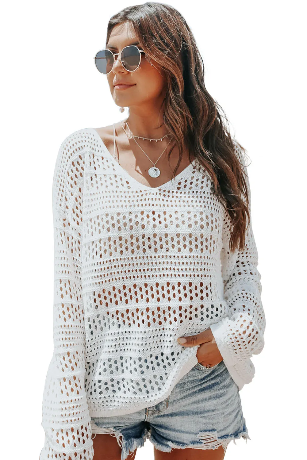 Hollow Out Crochet V Neck Pullover Sweater