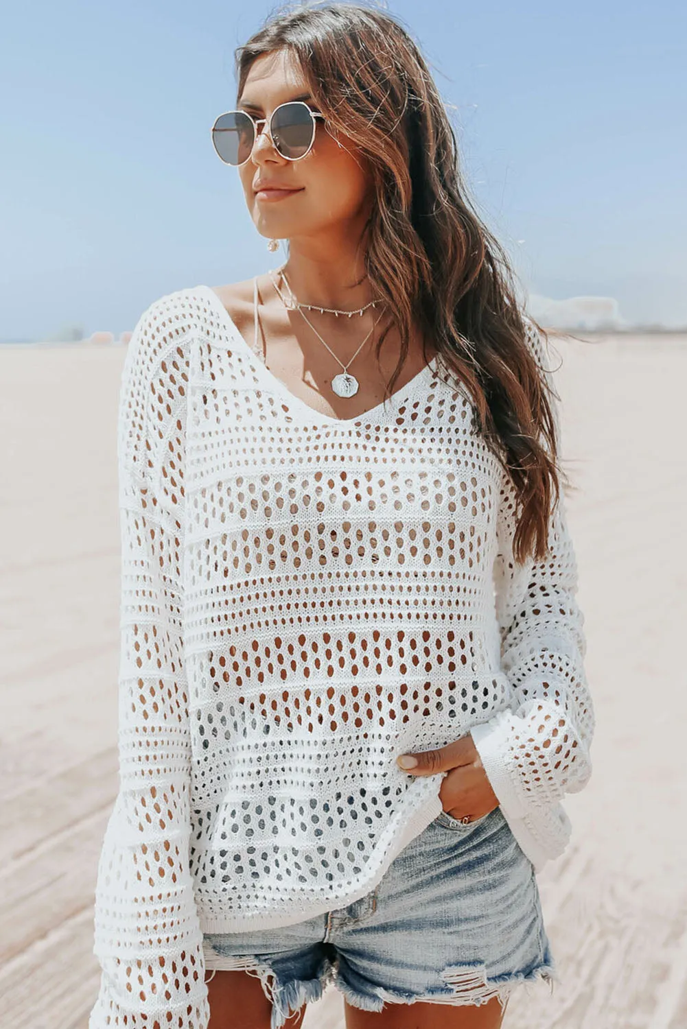 Hollow Out Crochet V Neck Pullover Sweater
