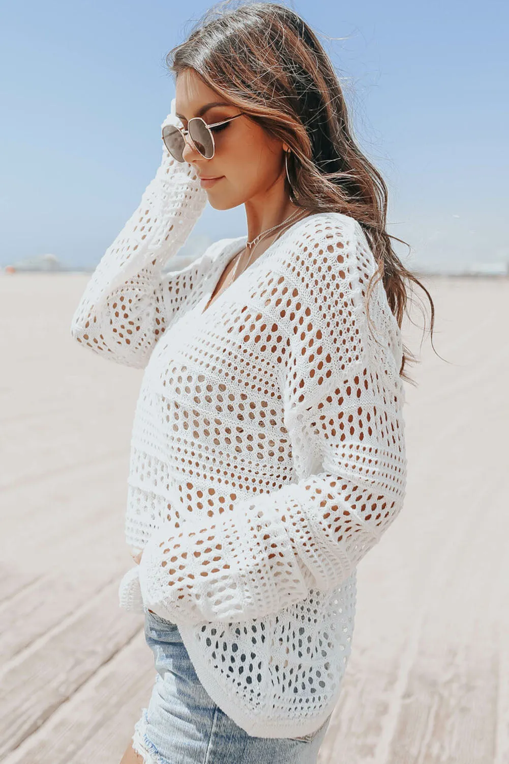 Hollow Out Crochet V Neck Pullover Sweater