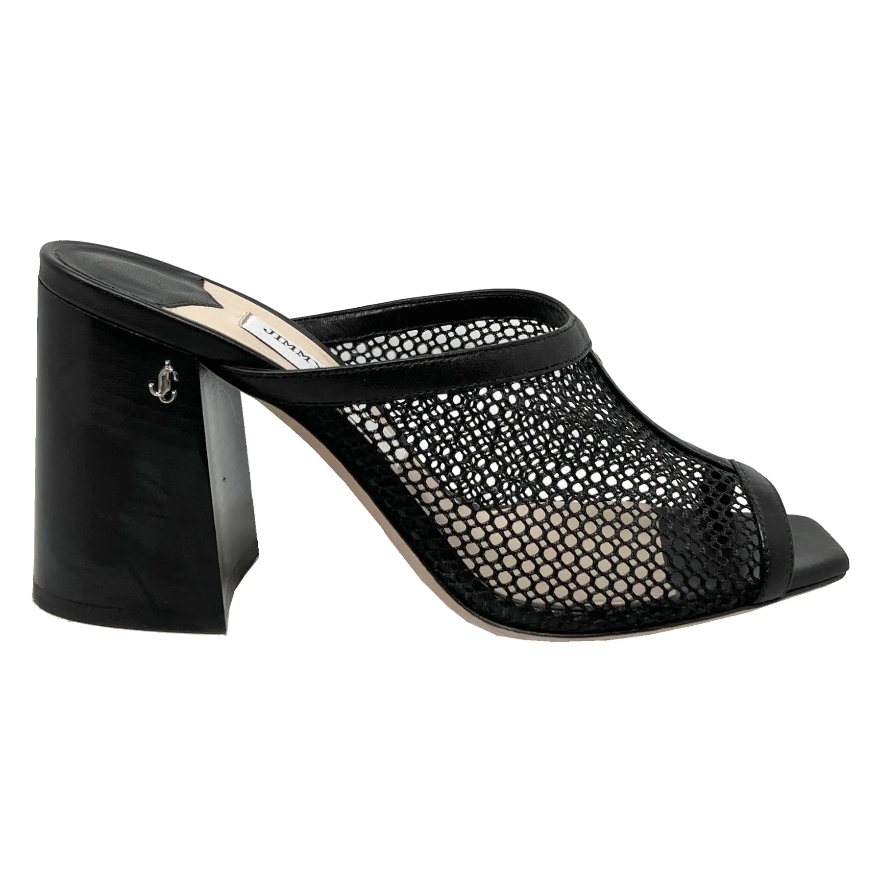 Jimmy Choo Joud Black Leather Trimmed Mesh Mule Sandals Size EU 38.5