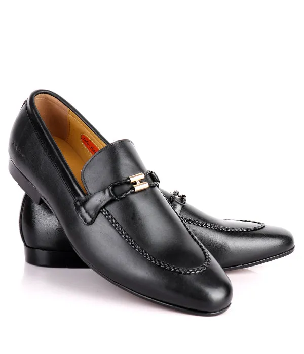 John Foster Plain Leather Horsebit Men's Slip-on Loafers|Black