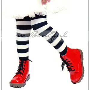 Knee Socks Kids 9-11 B&W Black White Wide Stripe Holiday