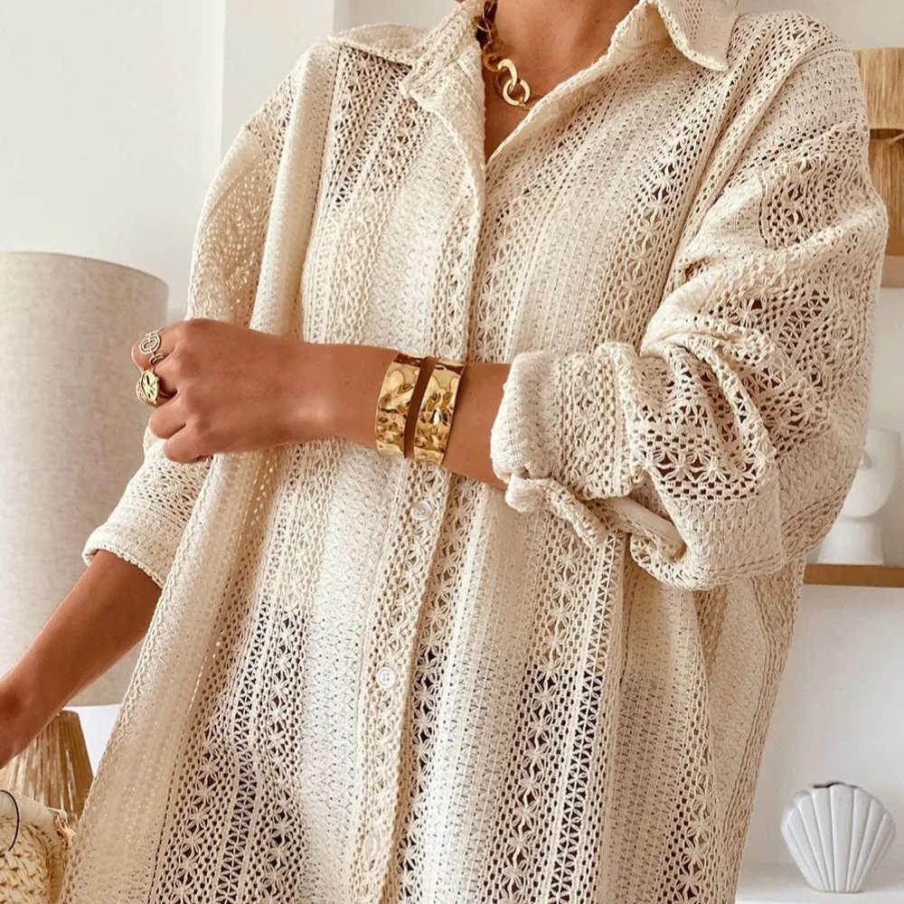Lace Crochet Collared Neck Oversized Shirt-Dress