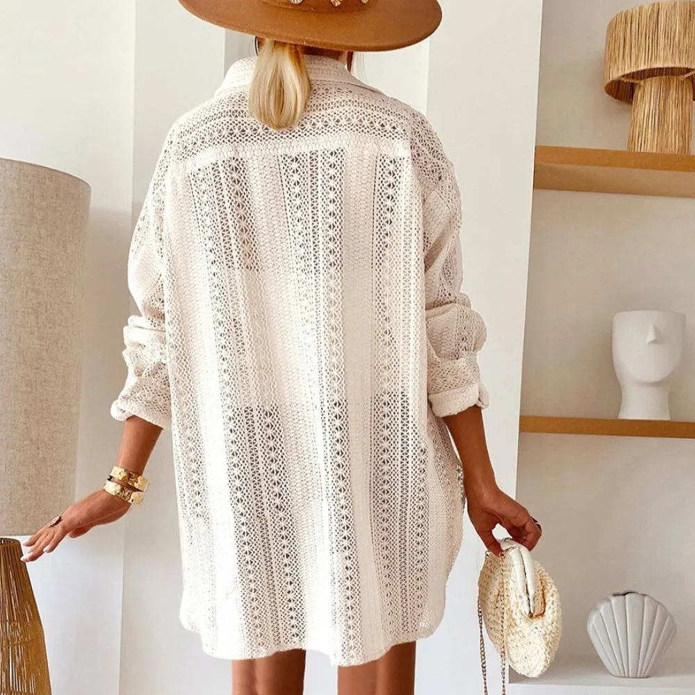 Lace Crochet Collared Neck Oversized Shirt-Dress