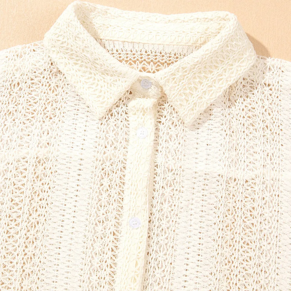 Lace Crochet Collared Neck Oversized Shirt-Dress