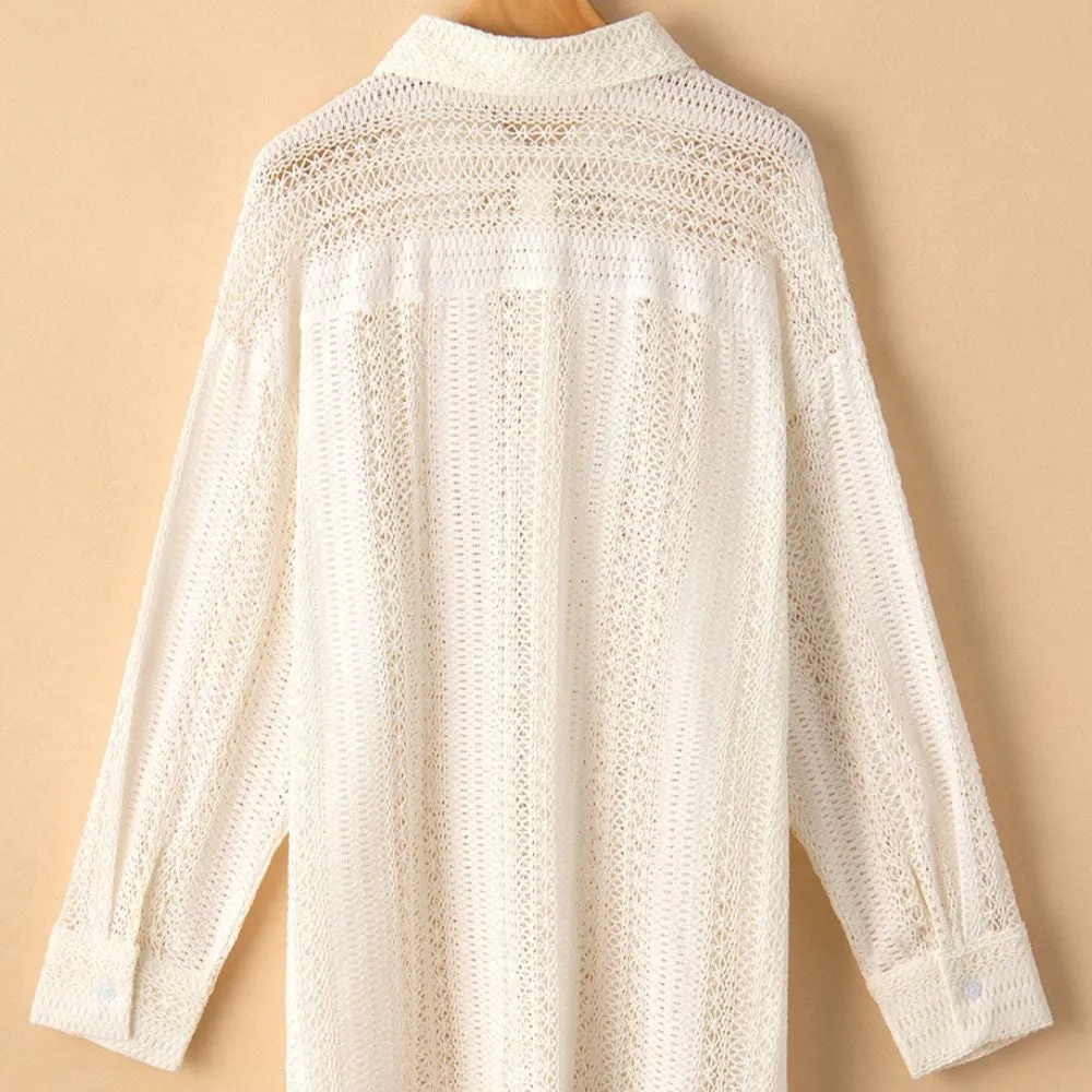 Lace Crochet Collared Neck Oversized Shirt-Dress