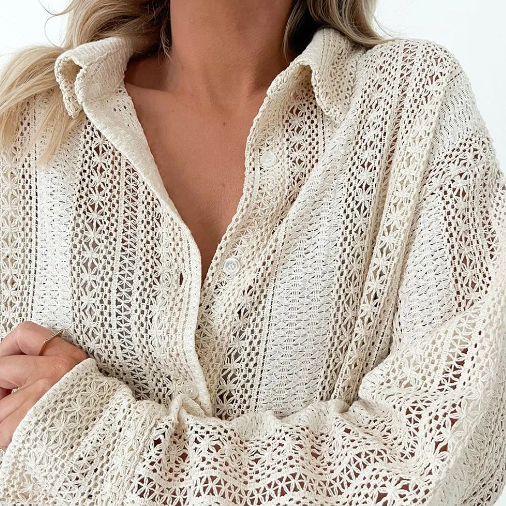 Lace Crochet Collared Neck Oversized Shirt-Dress