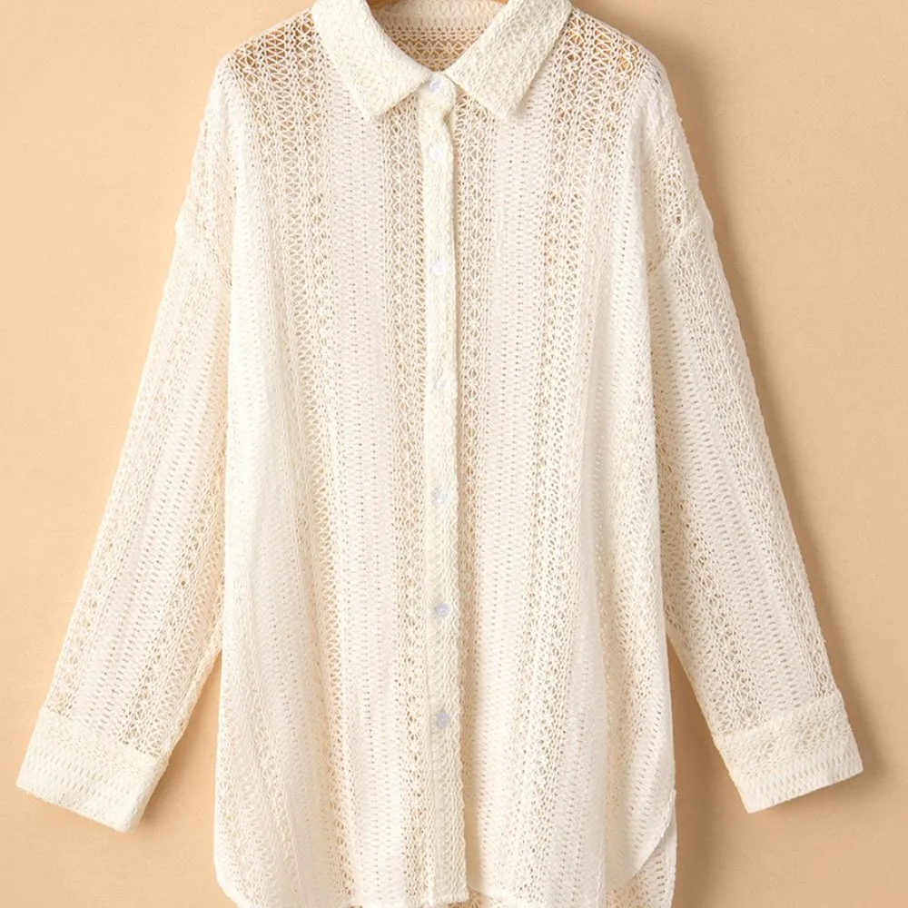 Lace Crochet Collared Neck Oversized Shirt-Dress