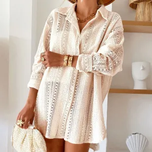 Lace Crochet Collared Neck Oversized Shirt-Dress