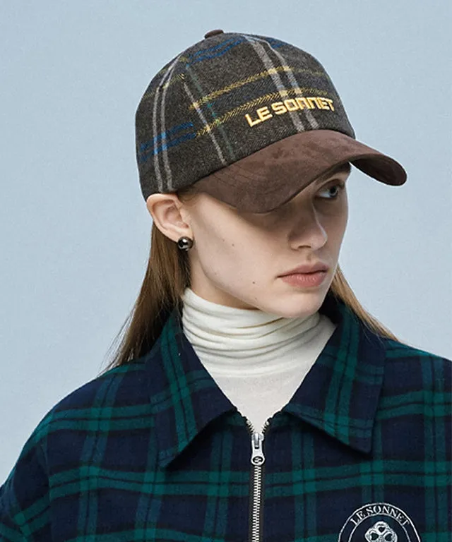 LE SONNET Check & Suede Cap - Brown