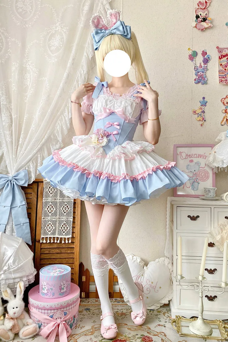 Light-Blue/Pink/White [Fairy Tale Overture] Triple-Layered Ruffle Bowknot Fishbone Sweet Ballet Lolita Dress